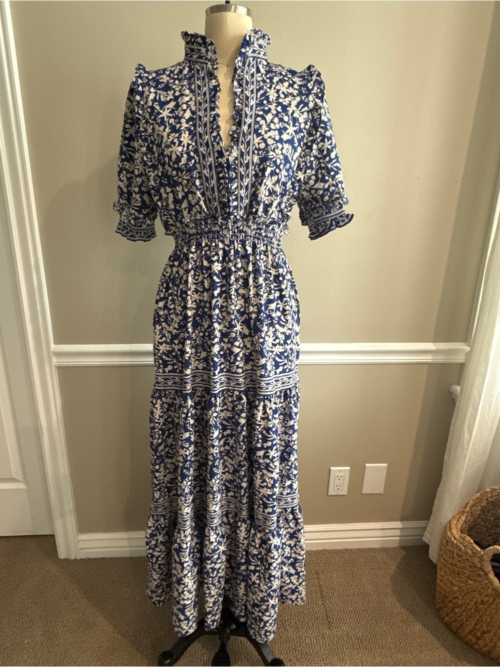 Max Studio Blue and White Floral Ruffle-Neck Maxi Dress